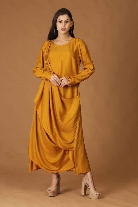 Midori By Sgv_Yellow Silk Slub Embroidered Cowl Maxi Dress With Embellished Jacket  _Online_at_Aza_Fashions