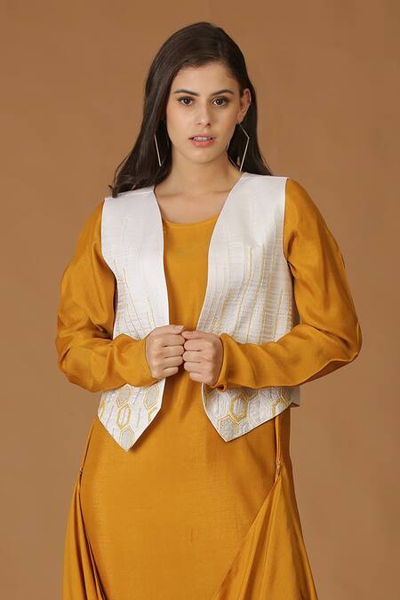 Buy_Midori By Sgv_Yellow Silk Slub Embroidered Cowl Maxi Dress With Embellished Jacket  _Online_at_Aza_Fashions