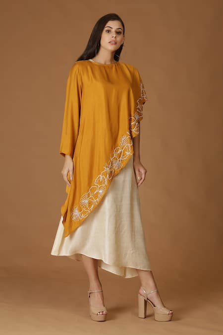 MIDORI BY SGV Yellow Silk Slub Embroidered Floral A-line Dress With Asymmetric Cape  