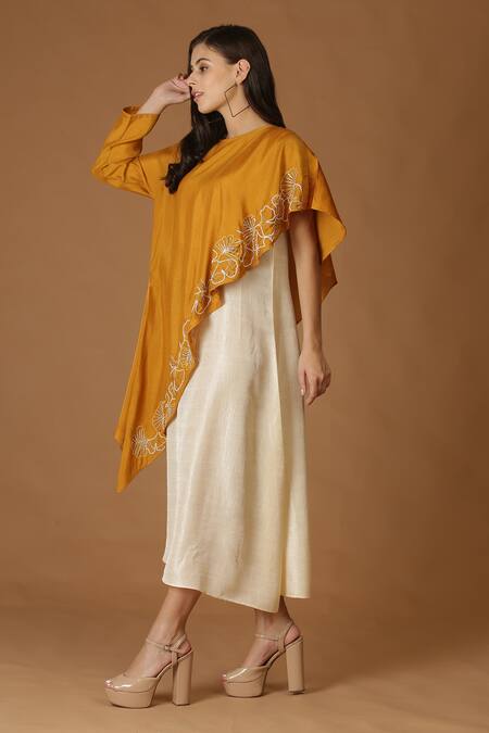 Midori By Sgv_Yellow Silk Slub Embroidered Floral A-line Dress With Asymmetric Cape  _Online_at_Aza_Fashions