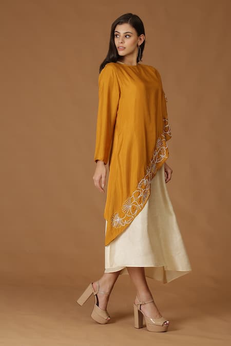 Buy_Midori By Sgv_Yellow Silk Slub Embroidered Floral A-line Dress With Asymmetric Cape  _Online_at_Aza_Fashions