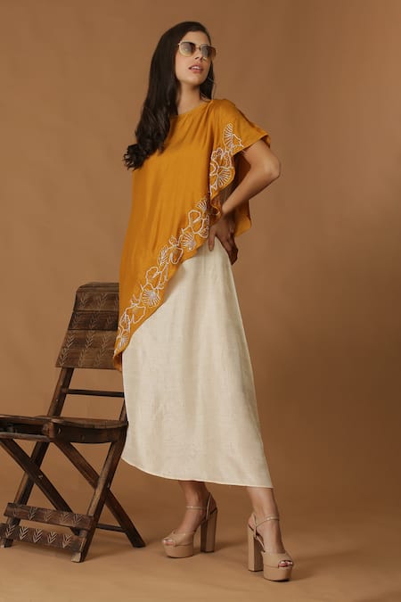 Midori By Sgv_Yellow Silk Slub Embroidered Floral A-line Dress With Asymmetric Cape  _at_Aza_Fashions