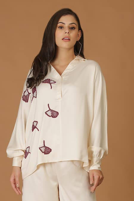 Midori By Sgv_Beige Satin, Crepe Cut Work, Beads Cutdana And Embroidered Shirt & Pant Set _Online_at_Aza_Fashions