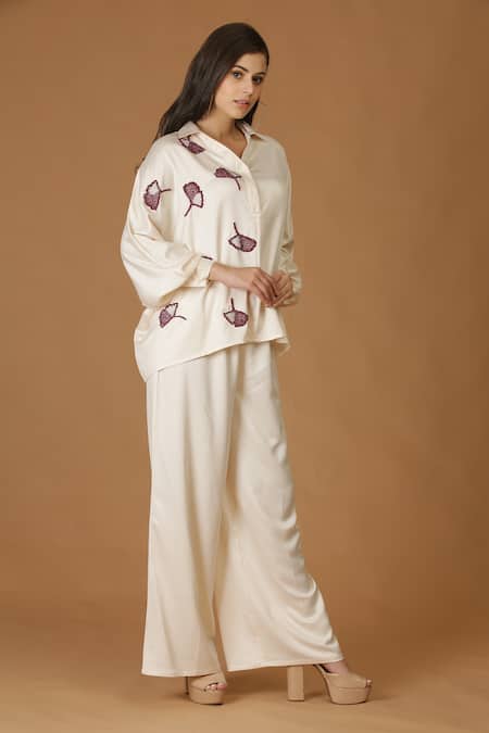Shop_Midori By Sgv_Beige Satin, Crepe Cut Work, Beads Cutdana And Embroidered Shirt & Pant Set _Online_at_Aza_Fashions