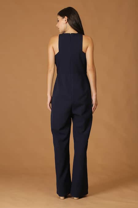 Shop_Midori By Sgv_Blue Crepe, Lycra Cut Work Round Neck Cutdana Embroidered Yoke Jumpsuit _at_Aza_Fashions