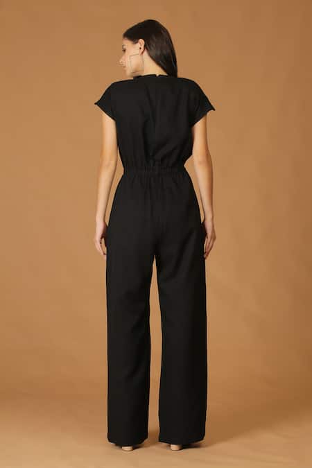 Shop_Midori By Sgv_Black Imported Crepe Round Lace Patch Elasticated Waist Jumpsuit  _at_Aza_Fashions