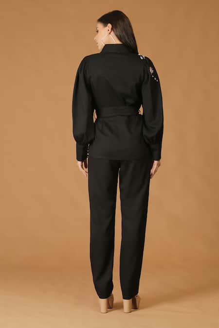 Midori By Sgv Dragonfly Embroidered Black Pant Set 