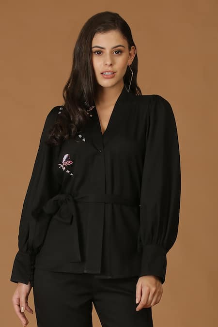 Midori By Sgv_Black Crepe Embroidery V-neck Dragonfly Pant Set _Online_at_Aza_Fashions