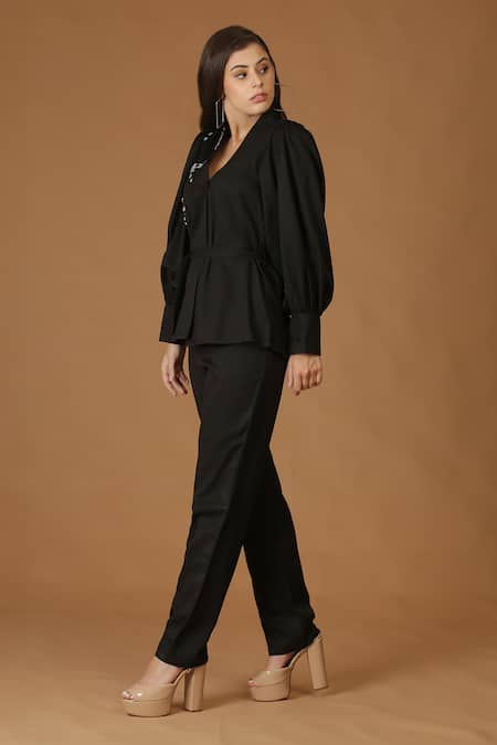 Shop_Midori By Sgv_Black Crepe Embroidery V-neck Dragonfly Pant Set _Online_at_Aza_Fashions