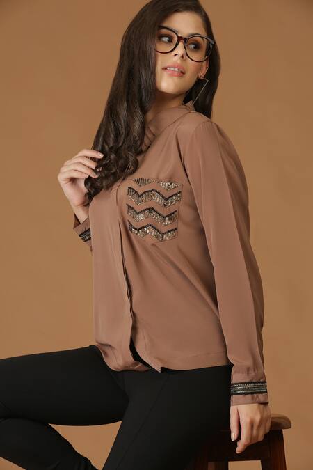 Midori By Sgv_Brown Crepe, Silk Embroidery, Sequins Collared Pleated Patch Pocket Shirt _Online_at_Aza_Fashions