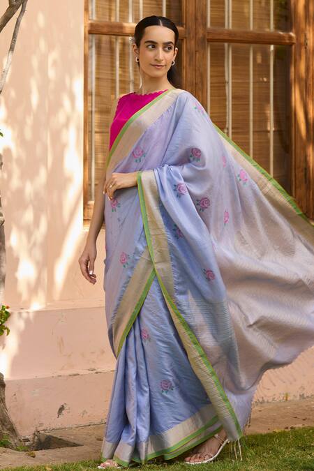 Surmaye_Blue Silk Embroidery Morning Haze Jamdani Zari Border Saree _Online_at_Aza_Fashions