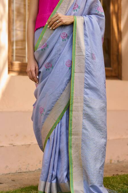 Buy_Surmaye_Blue Silk Embroidery Morning Haze Jamdani Zari Border Saree _Online_at_Aza_Fashions