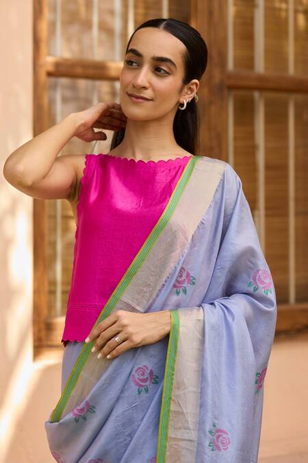 Shop_Surmaye_Blue Silk Embroidery Morning Haze Jamdani Zari Border Saree _Online_at_Aza_Fashions