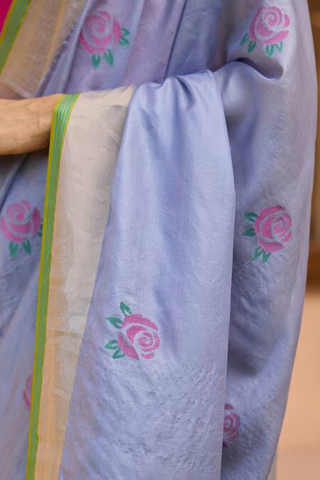 Surmaye_Blue Silk Embroidery Morning Haze Jamdani Zari Border Saree _at_Aza_Fashions