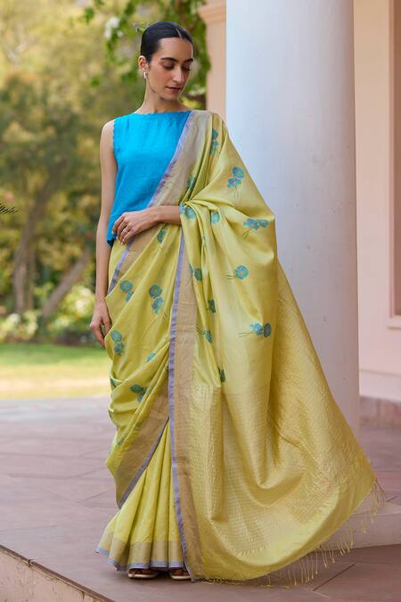 Surmaye_Yellow Silk Embroidery Grassling Jamdani Zari Border Saree_Online_at_Aza_Fashions