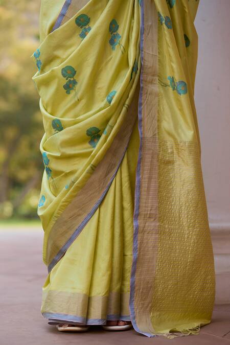 Buy_Surmaye_Yellow Silk Embroidery Grassling Jamdani Zari Border Saree_Online_at_Aza_Fashions