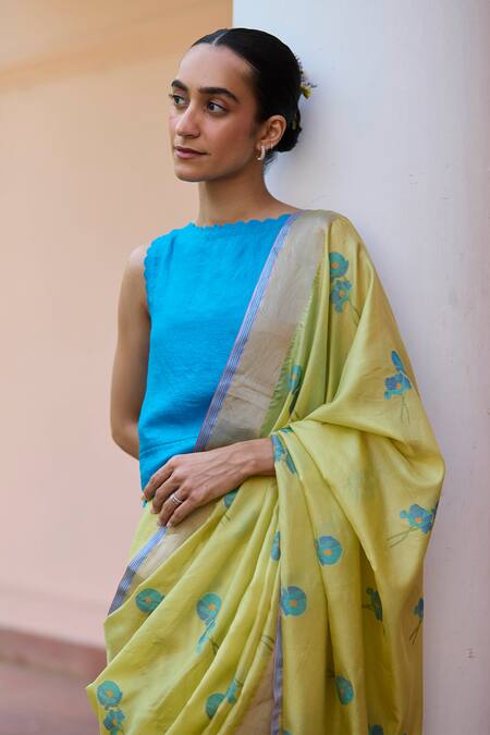 Shop_Surmaye_Yellow Silk Embroidery Grassling Jamdani Zari Border Saree_Online_at_Aza_Fashions