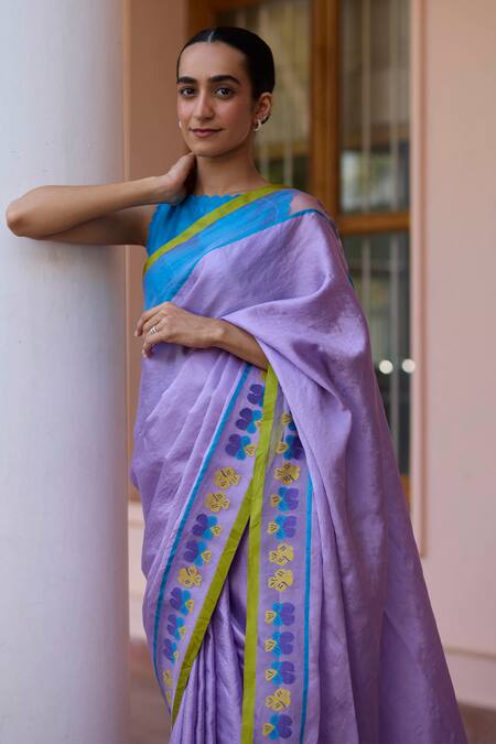 Surmaye Purple Handloom Cotton Embroidery Soulful Melodies Jamdani Pansy Motif Hem Saree Online at Aza Fashions Surmaye_Purple Handloom Cotton Embroidery Soulful Melodies Jamdani Pansy Motif Hem Saree _Online_at_Aza_Fashions