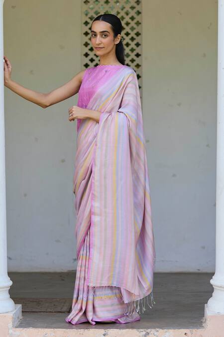 Surmaye Multi Color Handloom Cotton Tassels Zen Cocoon Stripe Pattern Handwoven Saree Online at Aza Fashions Surmaye_Multi Color Handloom Cotton Tassels Zen Cocoon Stripe Pattern Handwoven Saree _Online_at_Aza_Fashions