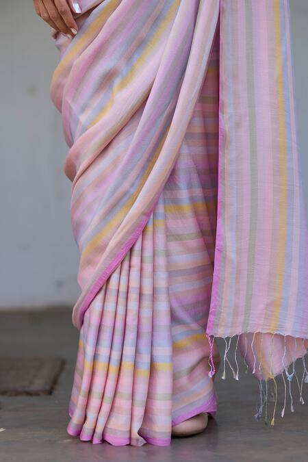 Buy Surmaye Multi Color Handloom Cotton Tassels Zen Cocoon Stripe Pattern Handwoven Saree Online at Aza Fashions Buy_Surmaye_Multi Color Handloom Cotton Tassels Zen Cocoon Stripe Pattern Handwoven Saree _Online_at_Aza_Fashions