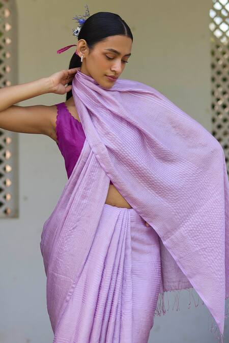 Buy Surmaye Pink Silk Tassels Inner Peace Handwoven Saree Online at Aza Fashions Buy_Surmaye_Pink Silk Tassels Inner Peace Handwoven Saree _Online_at_Aza_Fashions