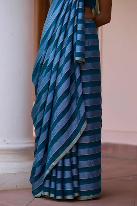 Shop Surmaye Blue Handloom Cotton Solo Symphony Stripe Pattern Handwoven Saree Online at Aza Fashions Shop_Surmaye_Blue Handloom Cotton Solo Symphony Stripe Pattern Handwoven Saree _Online_at_Aza_Fashions