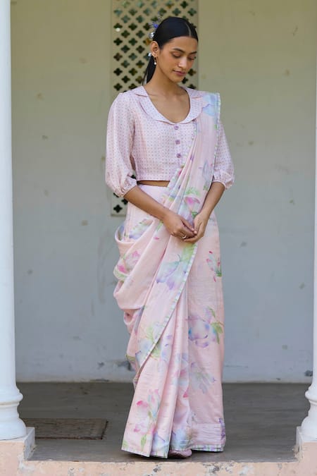 Surmaye_Pink Silk Aura Magnolia Floral Hand Painted Saree _Online_at_Aza_Fashions