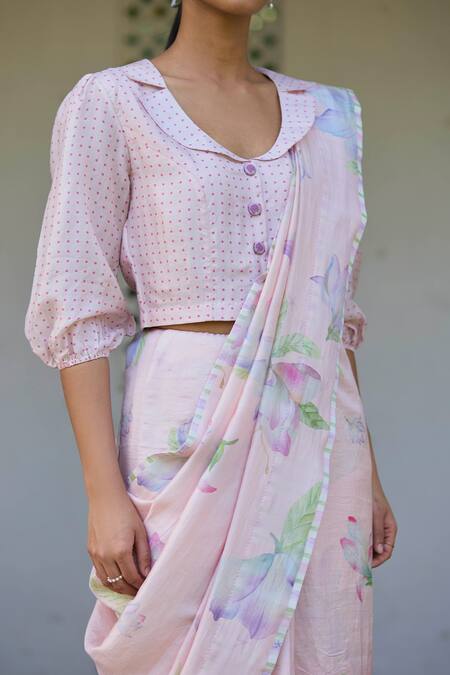 Buy_Surmaye_Pink Silk Aura Magnolia Floral Hand Painted Saree _Online_at_Aza_Fashions