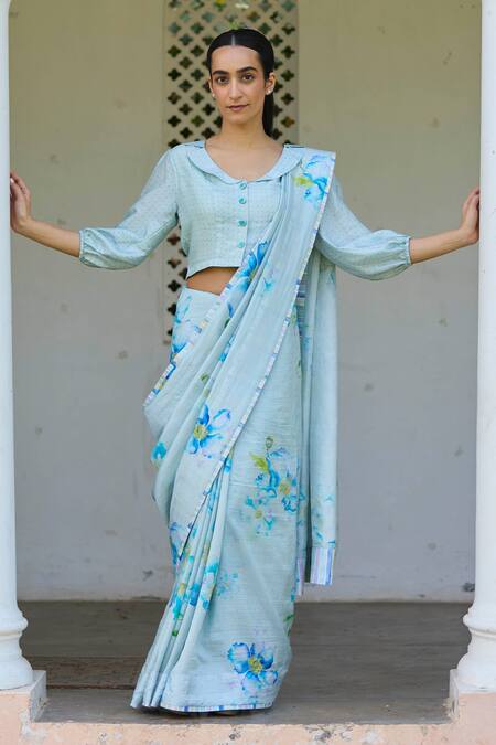 Surmaye_Blue Handloom Cotton Aura Stripe Border Handwoven Saree _Online_at_Aza_Fashions