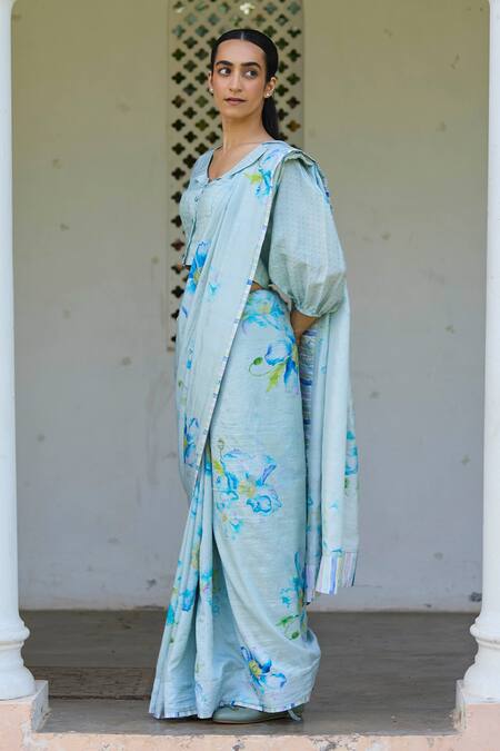 Buy_Surmaye_Blue Handloom Cotton Aura Stripe Border Handwoven Saree _Online_at_Aza_Fashions