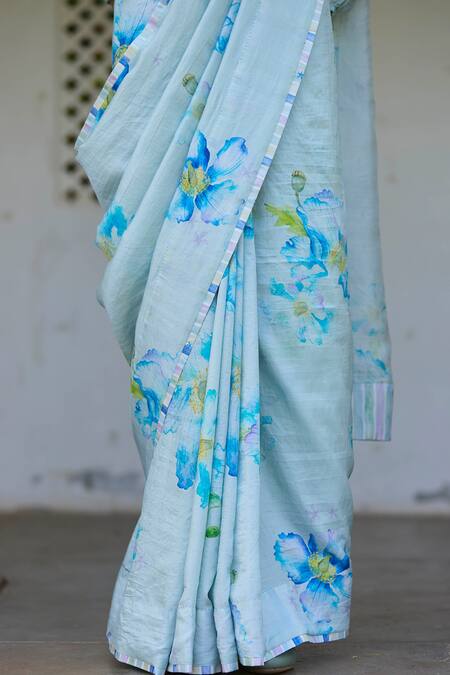 Shop_Surmaye_Blue Handloom Cotton Aura Stripe Border Handwoven Saree _Online_at_Aza_Fashions