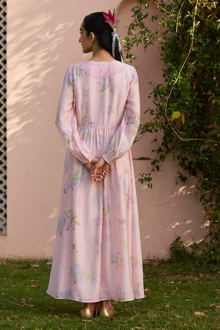 Shop Surmaye Pink Cotton, Silk, Modal V-neck Rejoice Magnolia Hand Painted Dress at Aza Fashions Shop_Surmaye_Pink Cotton, Silk, Modal V-neck Rejoice Magnolia Hand Painted Dress _at_Aza_Fashions
