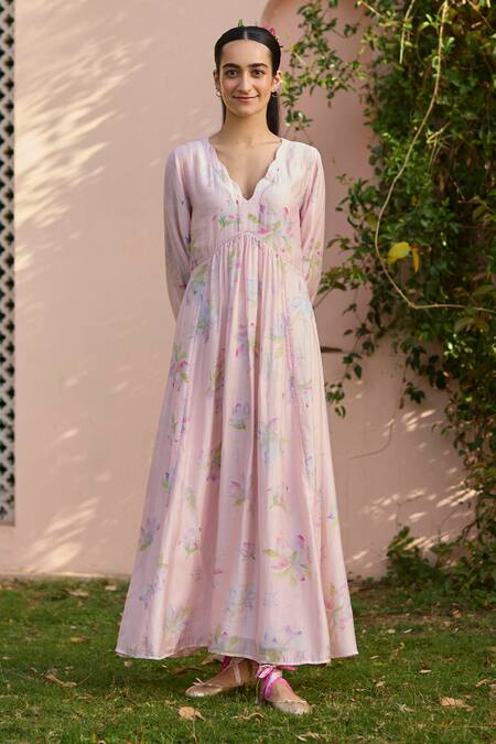 Surmaye Pink Cotton, Silk, Modal V-neck Rejoice Magnolia Hand Painted Dress Online at Aza Fashions Surmaye_Pink Cotton, Silk, Modal V-neck Rejoice Magnolia Hand Painted Dress _Online_at_Aza_Fashions