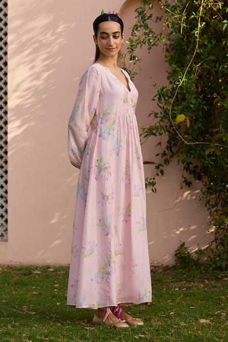 Buy Surmaye Pink Cotton, Silk, Modal V-neck Rejoice Magnolia Hand Painted Dress Online at Aza Fashions Buy_Surmaye_Pink Cotton, Silk, Modal V-neck Rejoice Magnolia Hand Painted Dress _Online_at_Aza_Fashions