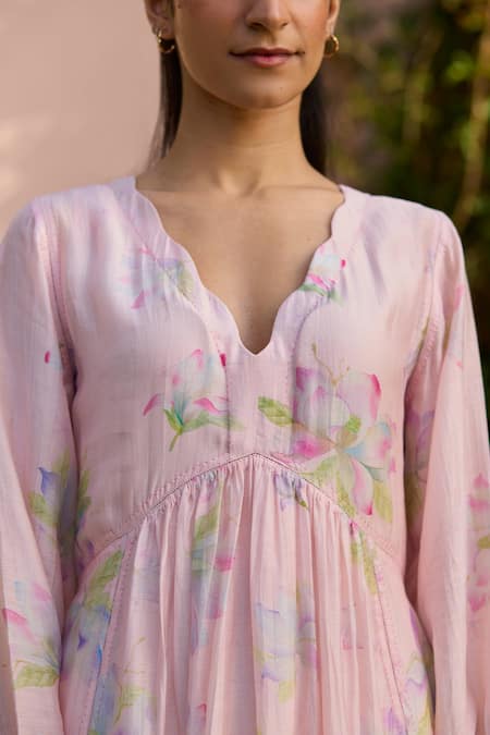 Shop Surmaye Pink Cotton, Silk, Modal V-neck Rejoice Magnolia Hand Painted Dress Online at Aza Fashions Shop_Surmaye_Pink Cotton, Silk, Modal V-neck Rejoice Magnolia Hand Painted Dress _Online_at_Aza_Fashions