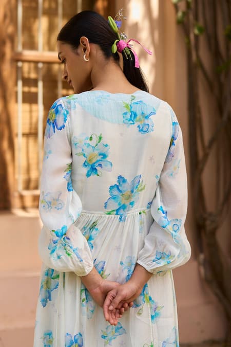 Shop Surmaye Ivory Cotton, Silk V-neck Rejoice Poppy Floral Print Dress Online at Aza Fashions Shop_Surmaye_Ivory Cotton, Silk V-neck Rejoice Poppy Floral Print Dress _Online_at_Aza_Fashions