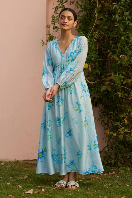 Surmaye Blue Cotton, Silk Embroidery Scoop Neck Rejoice Poppy Floral Hand Painted Dress Online at Aza Fashions Surmaye_Blue Cotton, Silk Embroidery Scoop Neck Rejoice Poppy Floral Hand Painted Dress _Online_at_Aza_Fashions