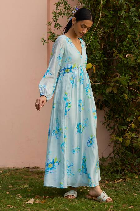 Buy Surmaye Blue Cotton, Silk Embroidery Scoop Neck Rejoice Poppy Floral Hand Painted Dress Online at Aza Fashions Buy_Surmaye_Blue Cotton, Silk Embroidery Scoop Neck Rejoice Poppy Floral Hand Painted Dress _Online_at_Aza_Fashions