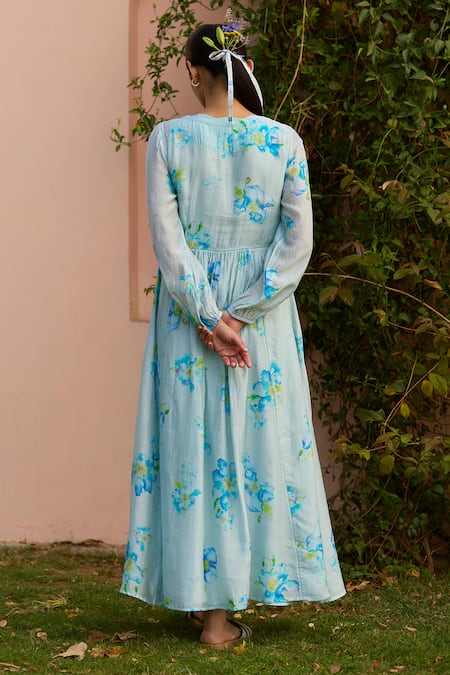 Shop Surmaye Blue Cotton, Silk Embroidery Scoop Neck Rejoice Poppy Floral Hand Painted Dress at Aza Fashions Shop_Surmaye_Blue Cotton, Silk Embroidery Scoop Neck Rejoice Poppy Floral Hand Painted Dress _at_Aza_Fashions