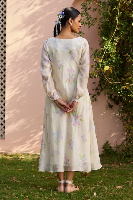 Shop Surmaye Beige Cotton, Silk, Modal Round Neck Arise Magnolia Flower Hand Painted Dress at Aza Fashions Shop_Surmaye_Beige Cotton, Silk, Modal Round Neck Arise Magnolia Flower Hand Painted Dress _at_Aza_Fashions