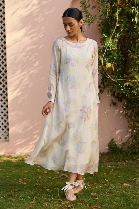 Surmaye Beige Cotton, Silk, Modal Round Neck Arise Magnolia Flower Hand Painted Dress Online at Aza Fashions Surmaye_Beige Cotton, Silk, Modal Round Neck Arise Magnolia Flower Hand Painted Dress _Online_at_Aza_Fashions