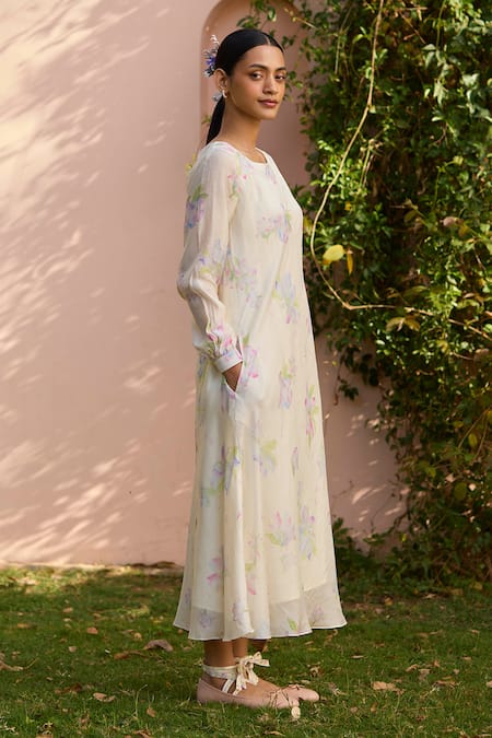 Buy Surmaye Beige Cotton, Silk, Modal Round Neck Arise Magnolia Flower Hand Painted Dress Online at Aza Fashions Buy_Surmaye_Beige Cotton, Silk, Modal Round Neck Arise Magnolia Flower Hand Painted Dress _Online_at_Aza_Fashions
