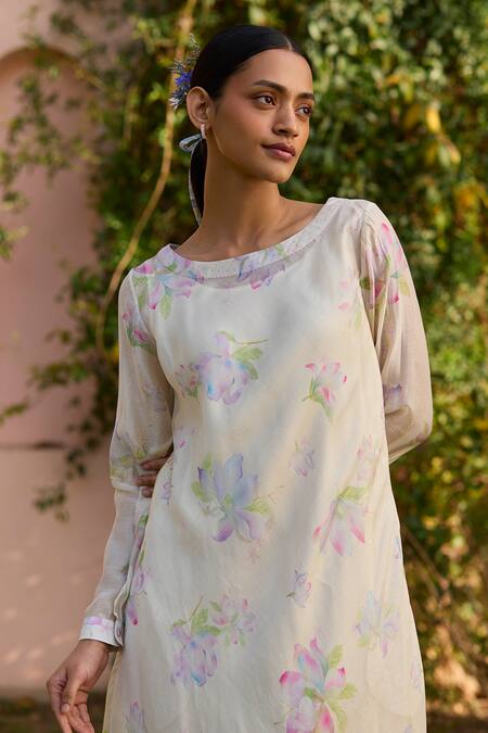 Shop Surmaye Beige Cotton, Silk, Modal Round Neck Arise Magnolia Flower Hand Painted Dress Online at Aza Fashions Shop_Surmaye_Beige Cotton, Silk, Modal Round Neck Arise Magnolia Flower Hand Painted Dress _Online_at_Aza_Fashions