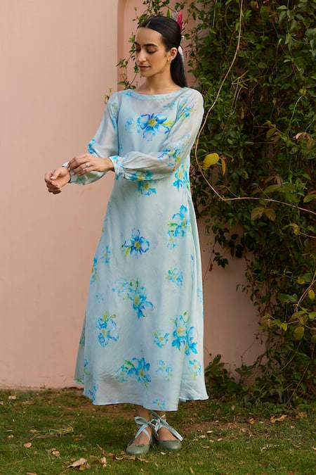 Surmaye Blue Handwoven Silk Modal Hand Painted Print Poppy Arise Dress  