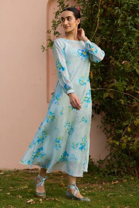 Surmaye_Blue Cotton, Silk, Modal Scoop Neck Arise Poppy Hand Painted Dress _Online_at_Aza_Fashions