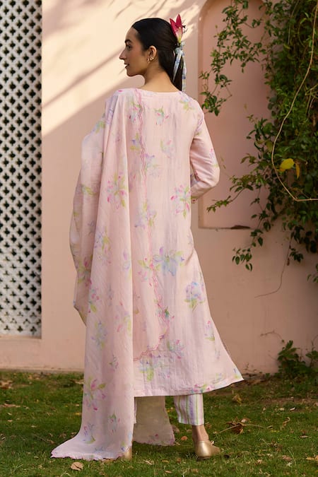 Shop Surmaye Pink Handloom Cotton, Silk Embroidery Dawn Magnolia Floral Print Kurta Pant Set at Aza Fashions Shop_Surmaye_Pink Handloom Cotton, Silk Embroidery Dawn Magnolia Floral Print Kurta Pant Set _at_Aza_Fashions