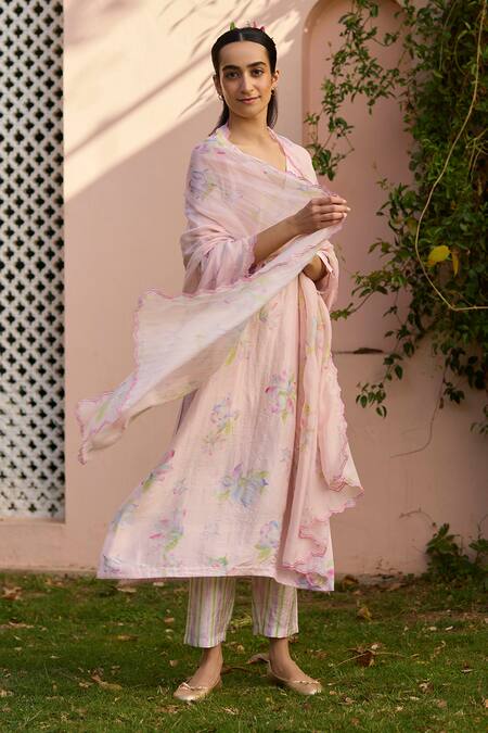 Surmaye Pink Handloom Cotton, Silk Embroidery Dawn Magnolia Floral Print Kurta Pant Set Online at Aza Fashions Surmaye_Pink Handloom Cotton, Silk Embroidery Dawn Magnolia Floral Print Kurta Pant Set _Online_at_Aza_Fashions