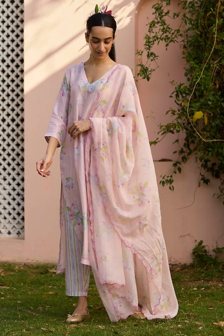 Shop Surmaye Pink Handloom Cotton, Silk Embroidery Dawn Magnolia Floral Print Kurta Pant Set Online at Aza Fashions Shop_Surmaye_Pink Handloom Cotton, Silk Embroidery Dawn Magnolia Floral Print Kurta Pant Set _Online_at_Aza_Fashions
