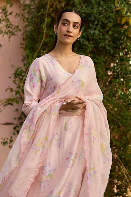 Surmaye Pink Handloom Cotton, Silk Embroidery Dawn Magnolia Floral Print Kurta Pant Set at Aza Fashions Surmaye_Pink Handloom Cotton, Silk Embroidery Dawn Magnolia Floral Print Kurta Pant Set _at_Aza_Fashions