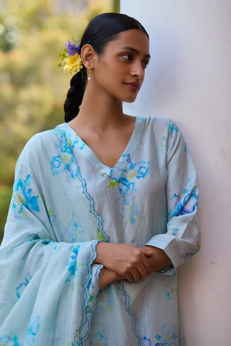 Shop_Surmaye_Blue Handloom Cotton, Silk Embroidery Dawn Poppy Hand Painted Kurta Pant Set _Online_at_Aza_Fashions